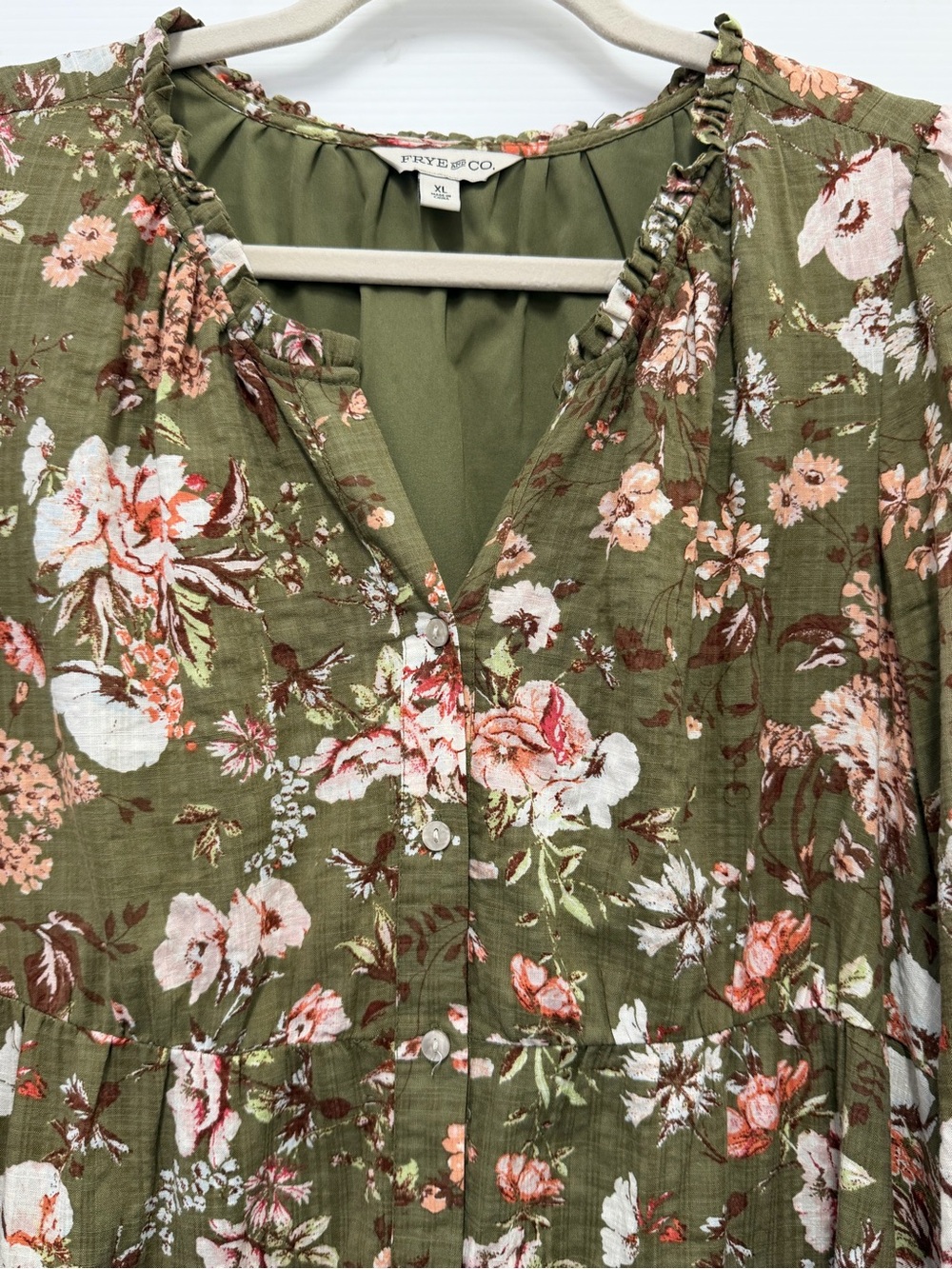 Frye & Co Olive Green Floral Boho Tiered Long Sleeve Dress Women’s XL - Picture 7 of 7